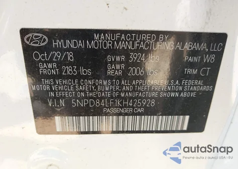 2019 Hyundai Elantra Sel z USA, uszkodzony, nr VIN 5NPD84LF1KH425928